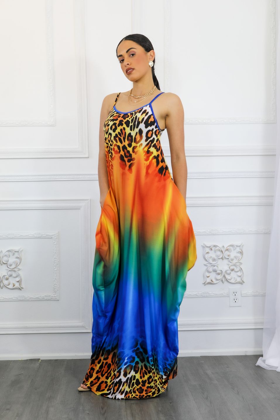 Cheetah Ombr Print Flow Maxi Dress with Side Pockets S / Blue