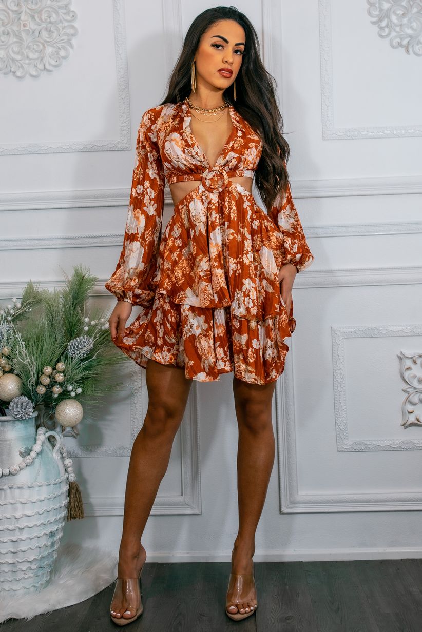 knee length dresses for ladies Bells Are Ringing Cut Out Long Sleeves Ruffle Mini Dress M