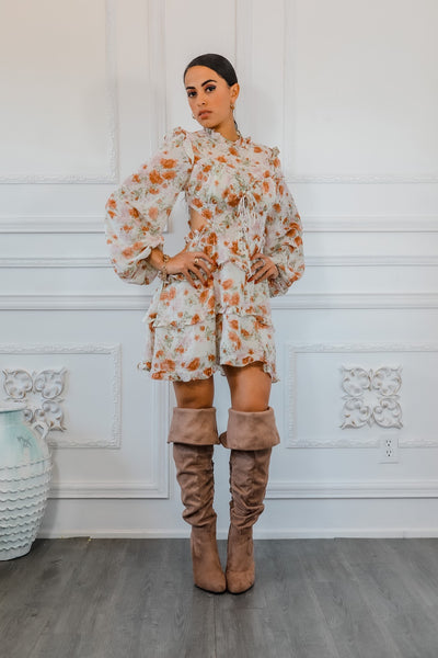 Bubble Sleeves Floral Cutout Laced Mini Dress
