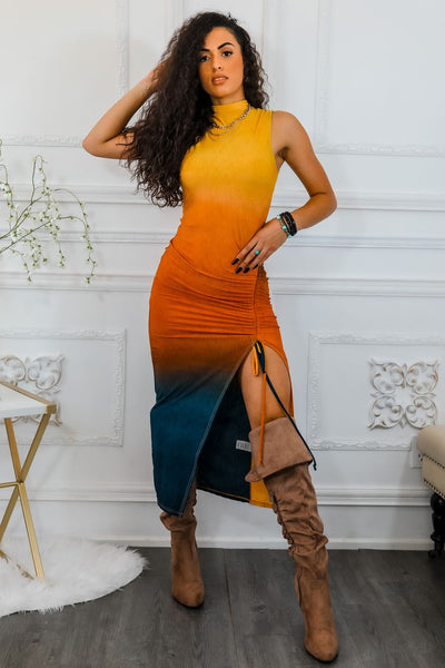 Ombre Sunset Cinched Maxi Dress Mustard