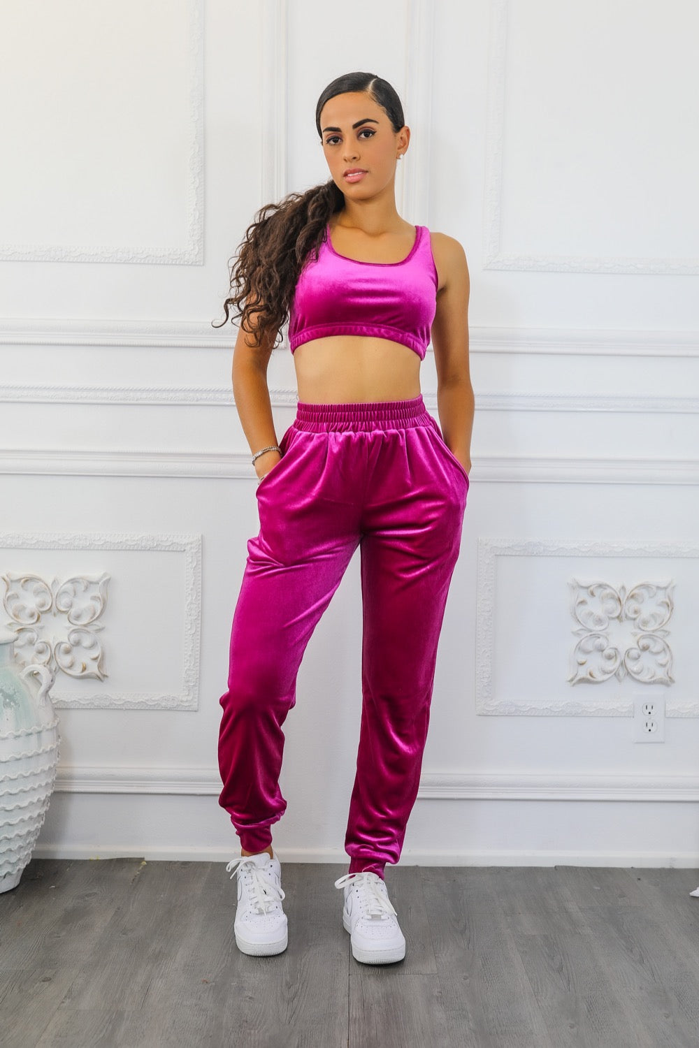Velvet Jogger Set With Cropped Top - Main Image
