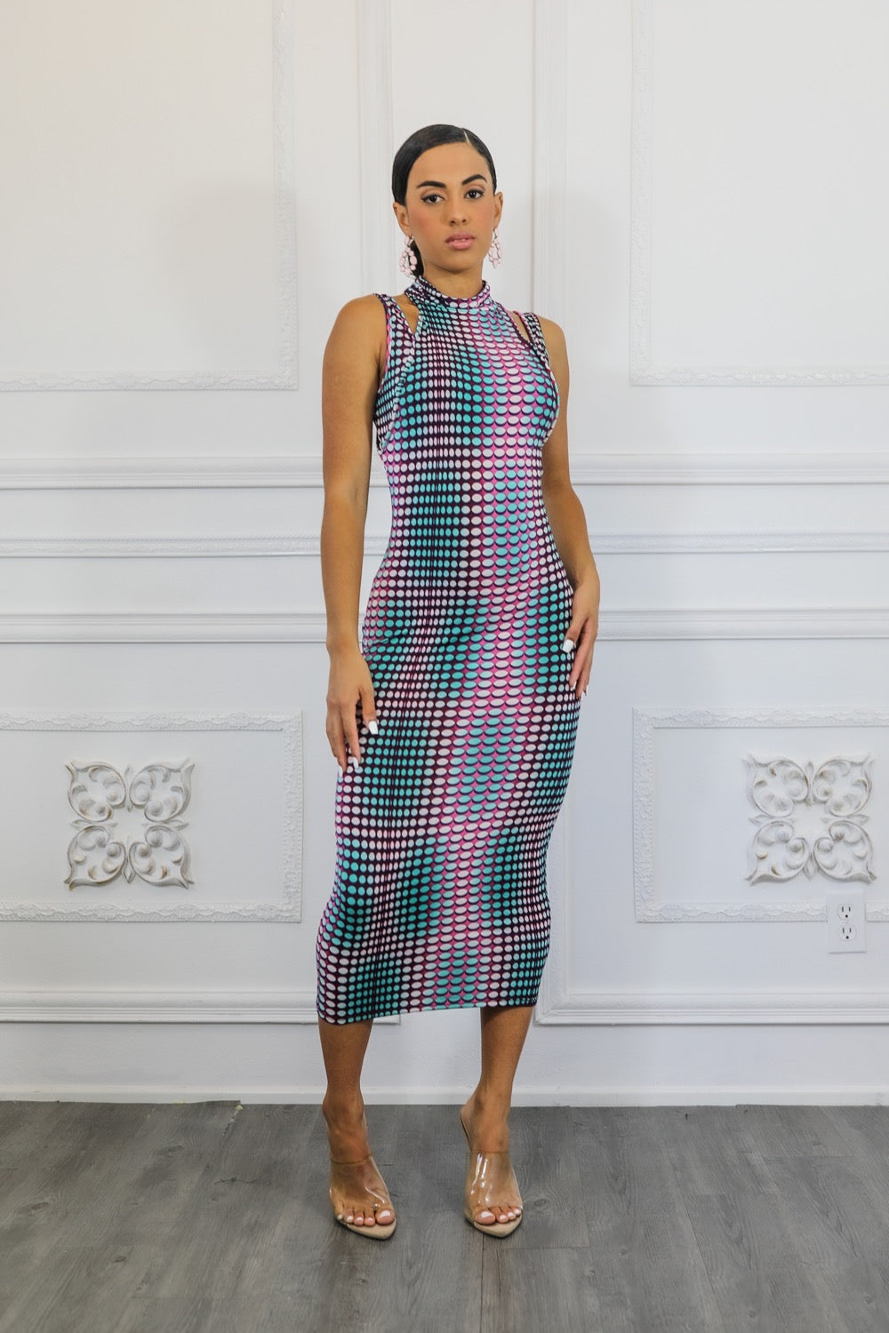Multi Dimension Scale Print Midi Dress Pink L Multi Dimension Scale Print Midi Dress Pink L
