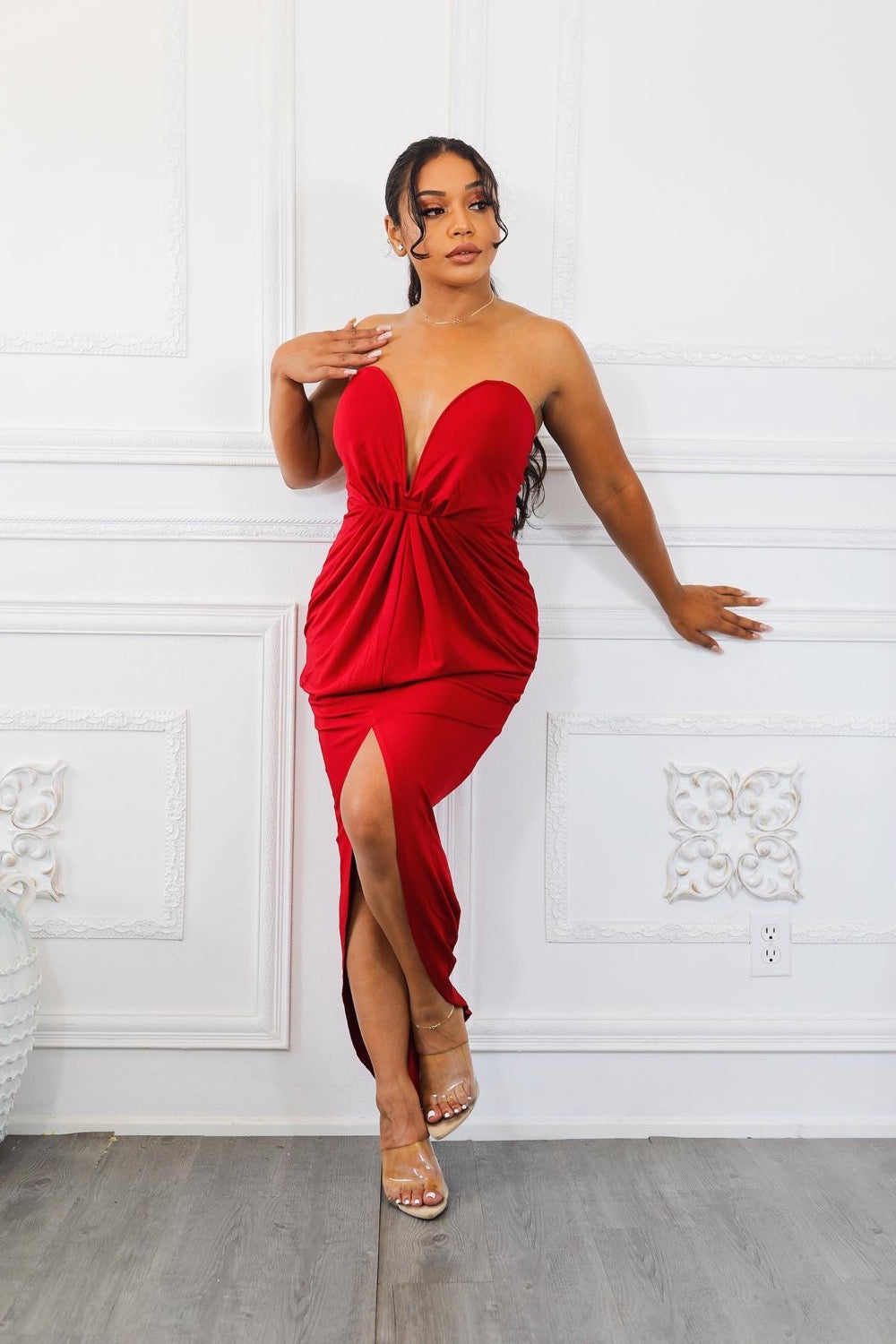 strapless open back dress Metallic Sexy Tube Top Pleated High Slit Maxi Dress main image 0