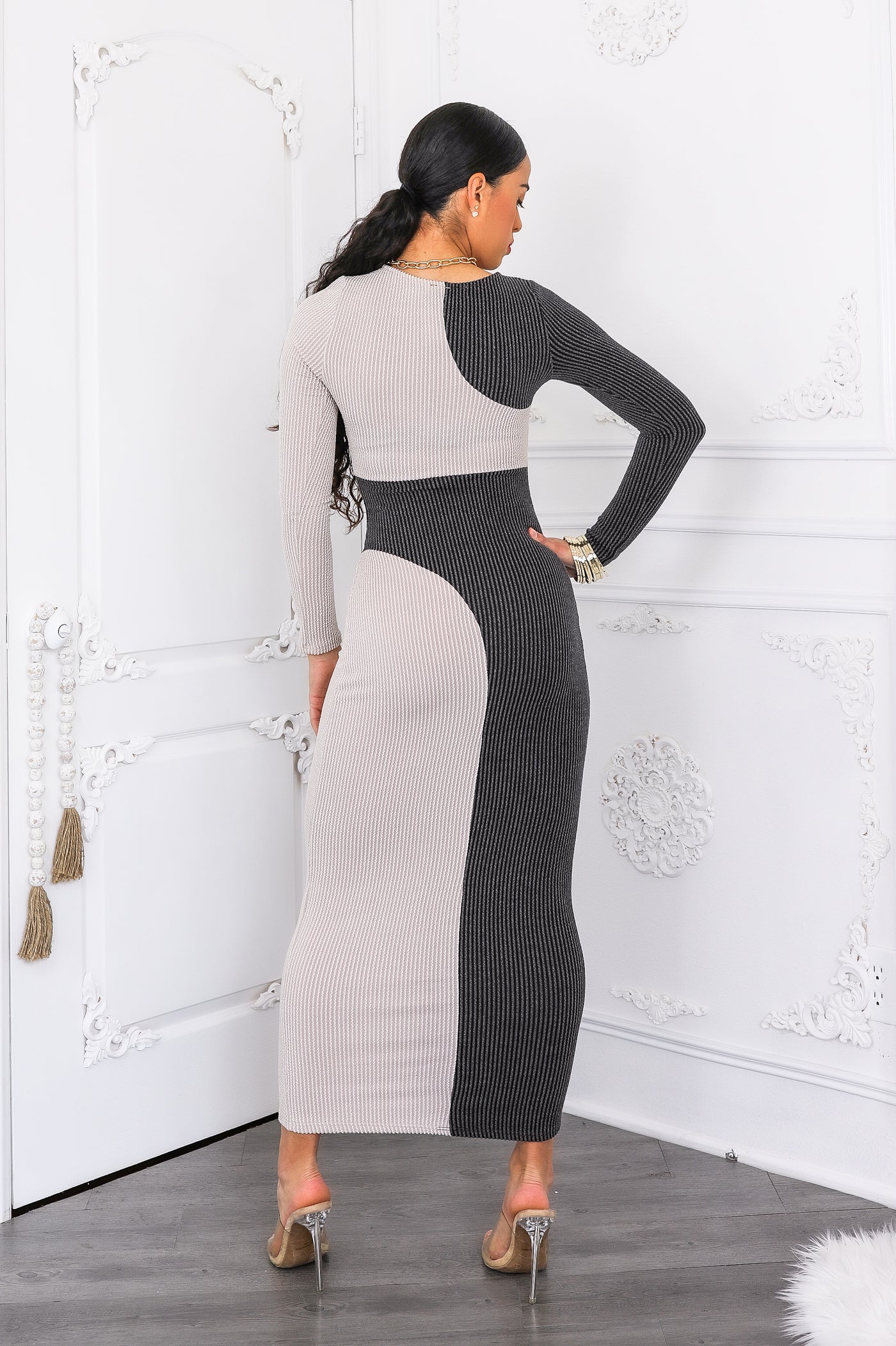 Hard To Forget Color Block Ribbed Bodycon Long Dress