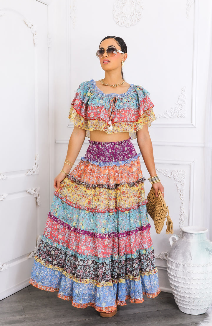 Boho Floral Ruffle Crop Top & Maxi Skirt Set