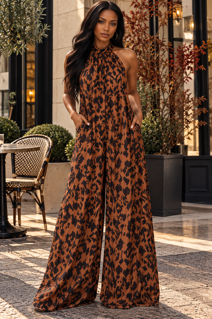 Safari Luxe Animal Print Halter Jumpsuit | Open Back Wide Leg Jumpsuit