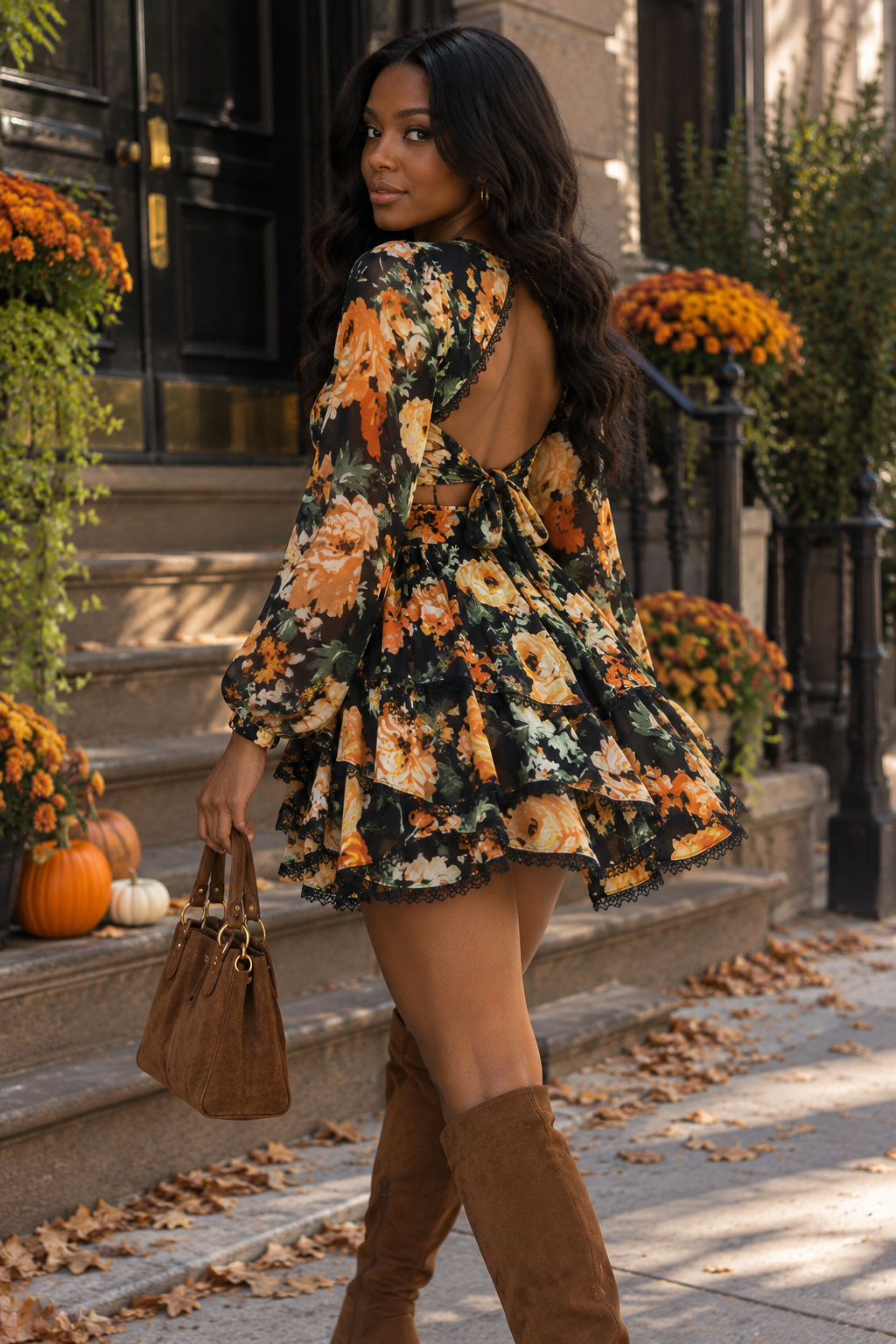 Black Floral Ruffle Hem Mini Dress | Open Back Tie Long Sleeve Dress