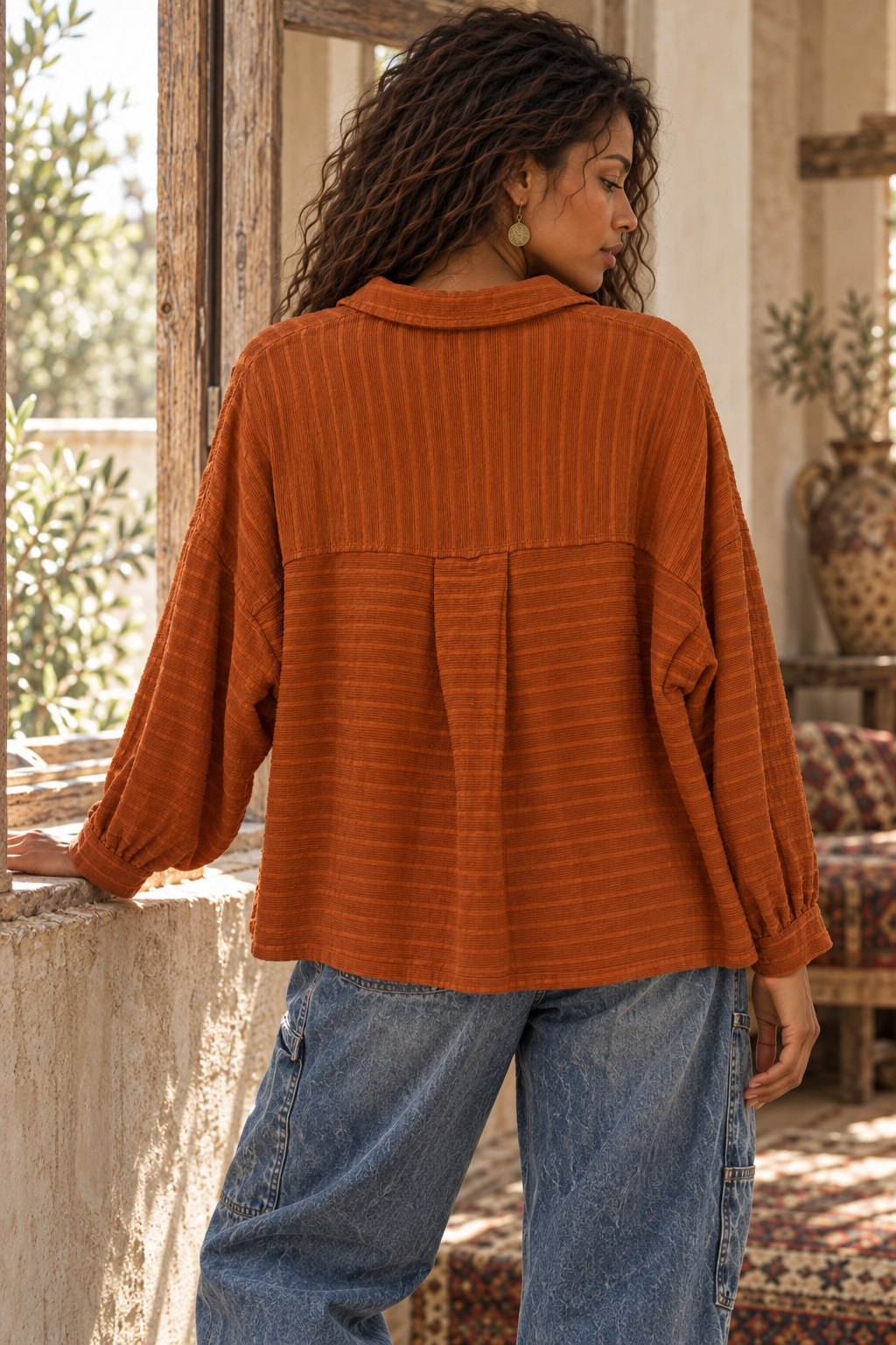 Rust Textured Cropped Shirt Jacket – Boho Balloon Sleeve Chore Jacket