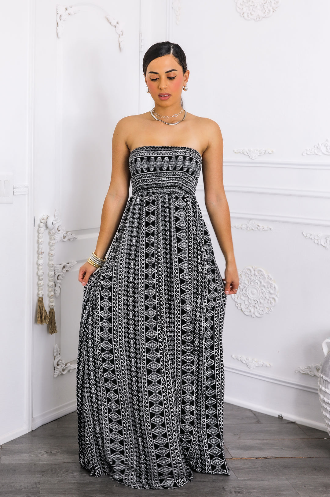 Strapless Tribal Print Maxi Dress Black & White Flow S Strapless Tribal Print Maxi Dress Black & White Flow S