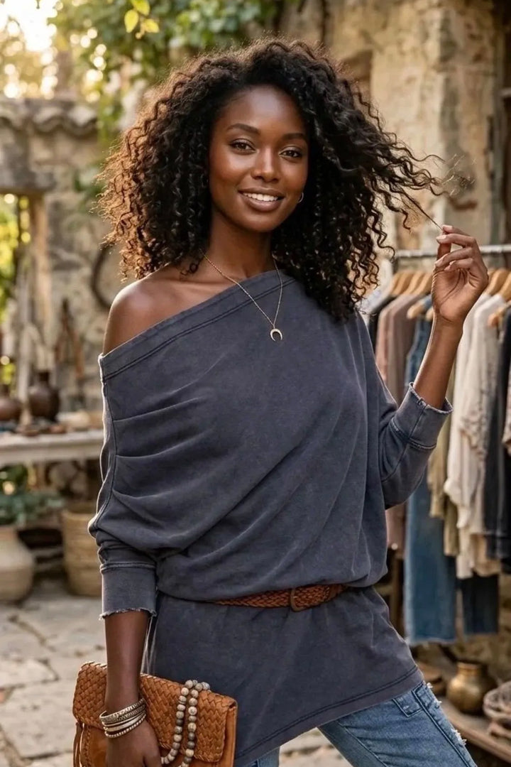 Weekend Wander Mineral Wash Off-Shoulder Oversized Top