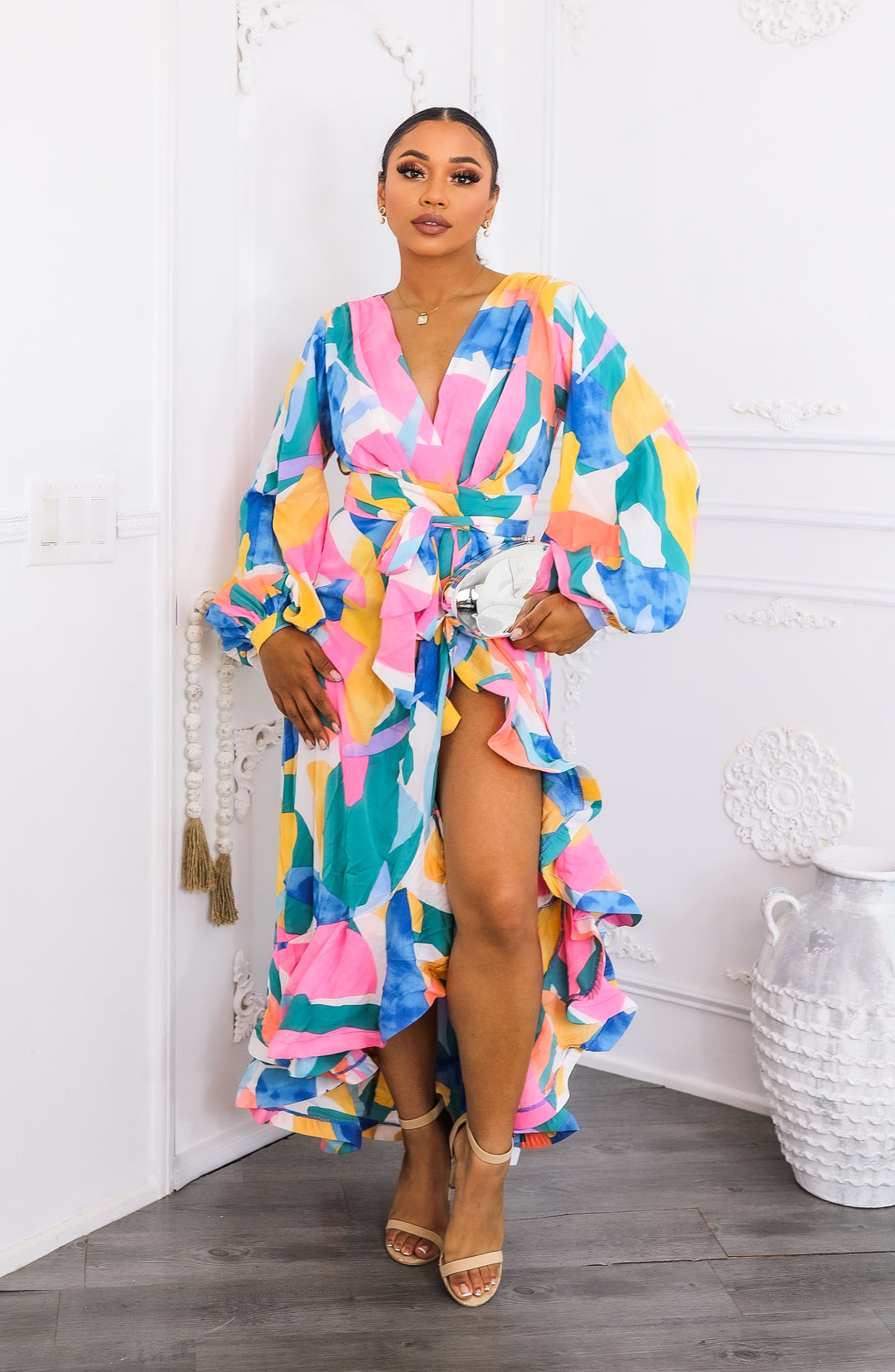 Color Splash Ruffle Wrap Maxi Dress with Balloon Sleeves