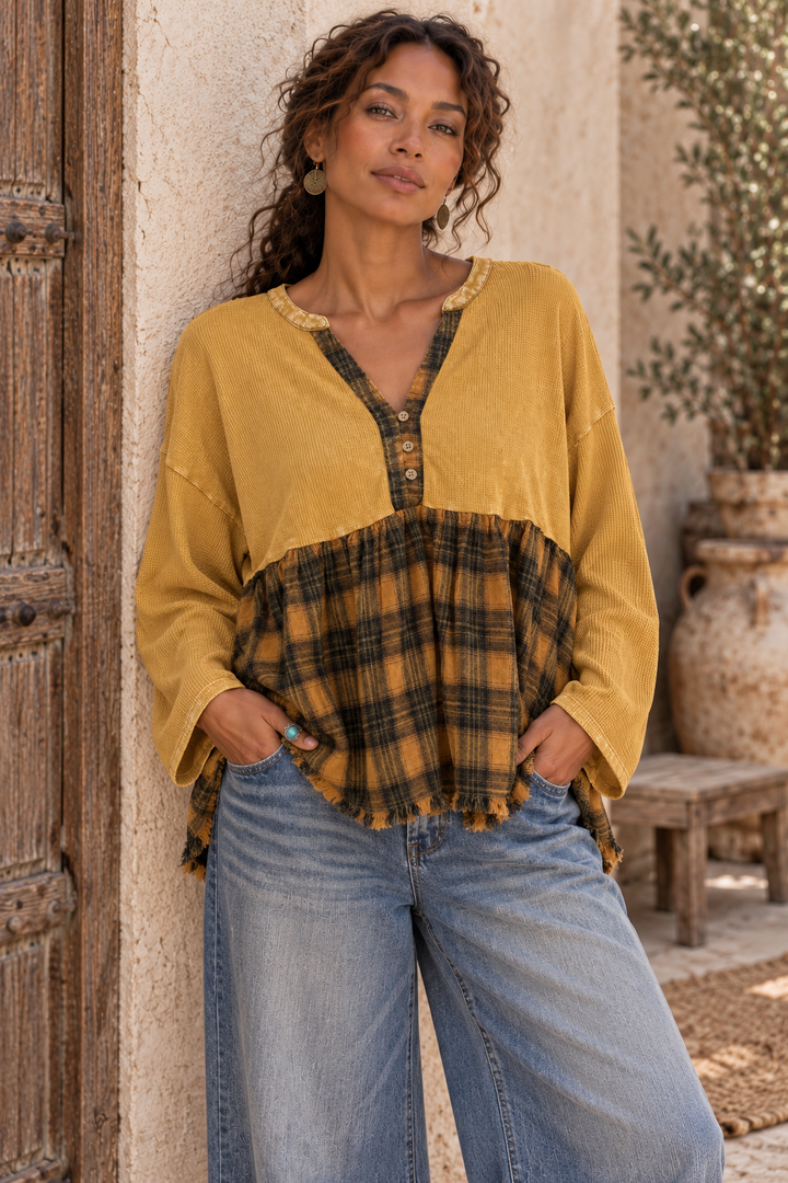 Mustard Waffle Knit Plaid Peplum Top – Boho Frayed Hem Henley Tunic