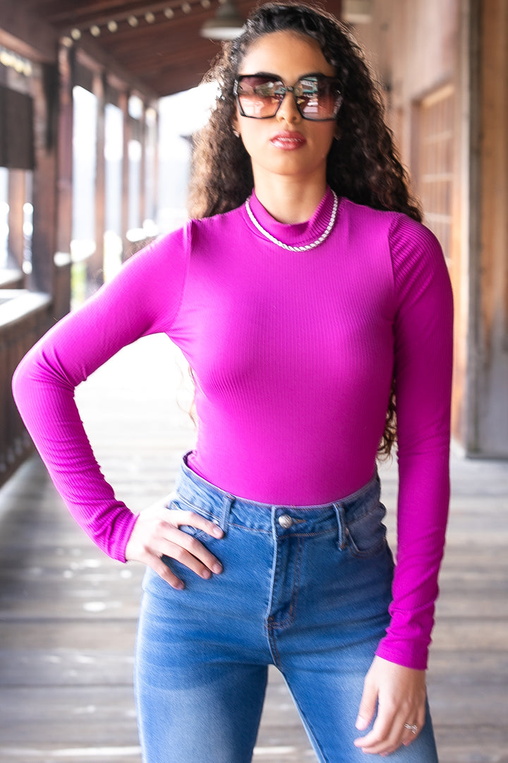 Fuchsia Ribbed Long Sleeve Top – Mock Neck Stretch Fitted Shirt