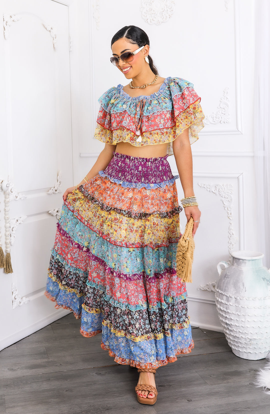 Boho Floral Ruffle Crop Top & Maxi Skirt Set