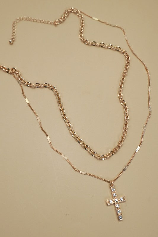 The Radiant Faith Layered Cross Necklace – Gold Crystal Cross