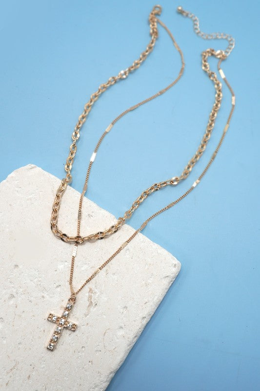 The Radiant Faith Layered Cross Necklace – Gold Crystal Cross
