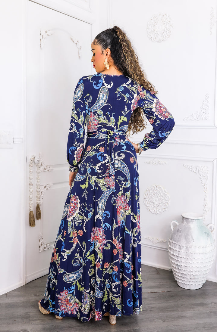 Navy Paisley Cutout Maxi Dress with Long Sleeves