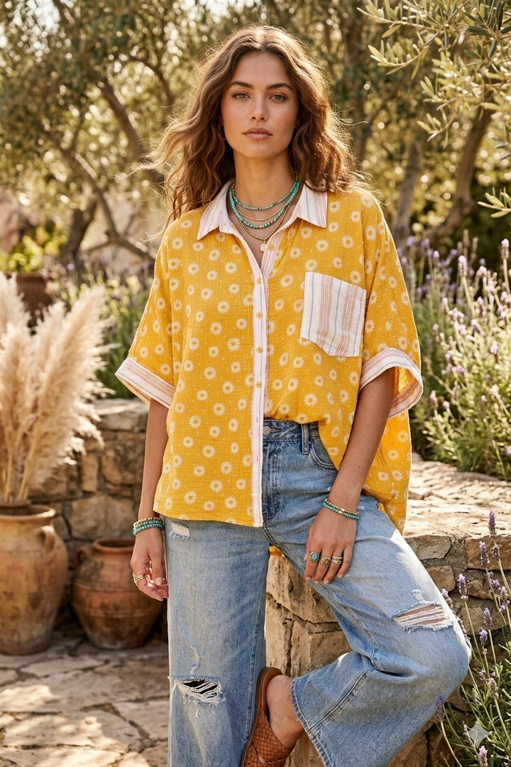 Sunny Vintage Relaxed Boho Button Down Blouse Top