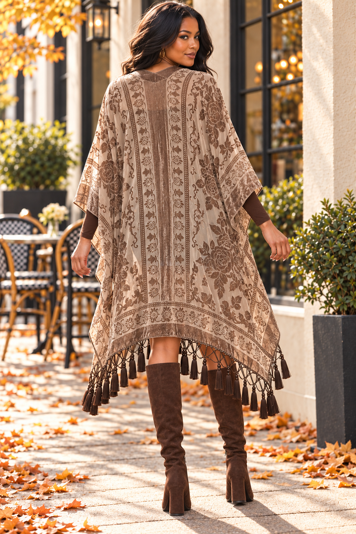 Velvet Burnout Tassel Kimono – Taupe Floral Open Front Boho Cover-Up Wrap