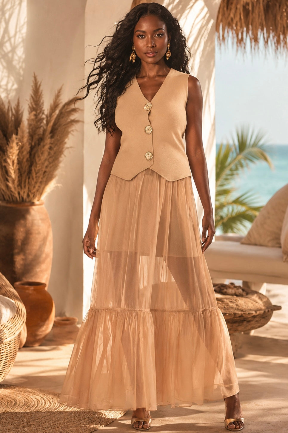 Sheer Maxi Skirt & Knit Vest Two-Piece Set