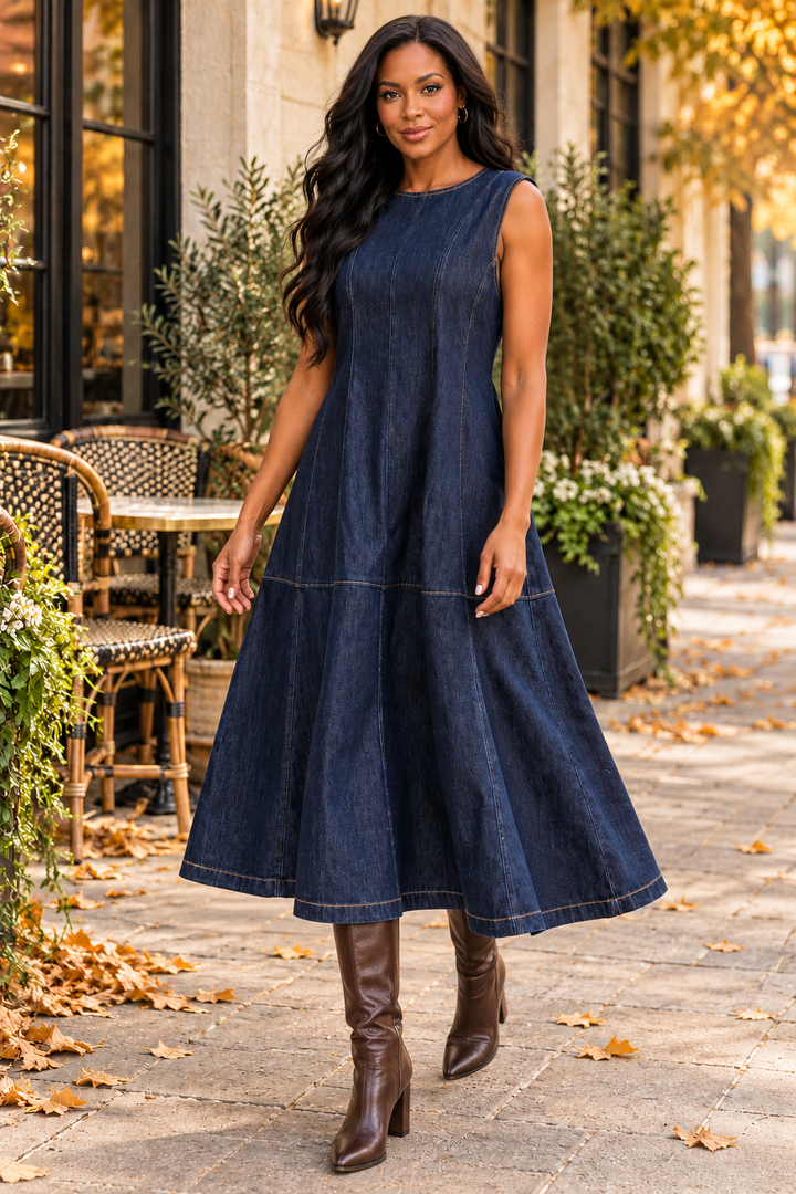 Seamed A-Line Denim Midi Dress – Dark Indigo Sleeveless Flare Jean Dress