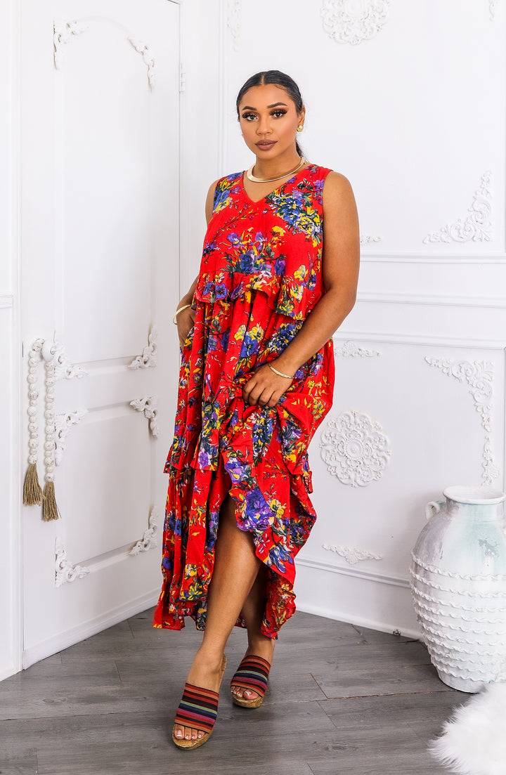 Red Floral Tiered Ruffle Maxi Dress with Pockets