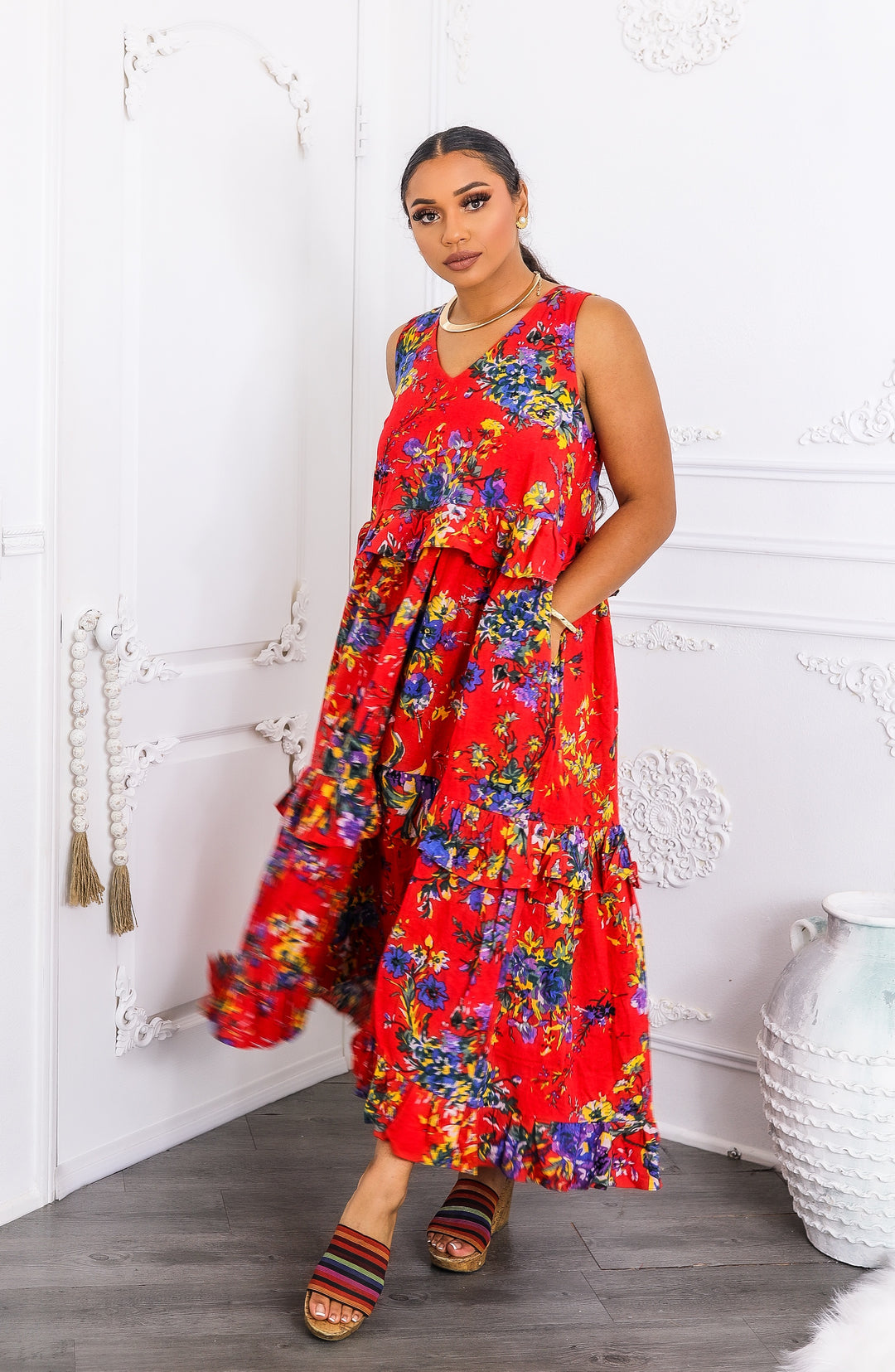 Red Floral Tiered Ruffle Maxi Dress with Pockets