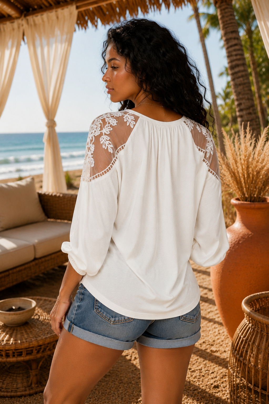 White Lace Sleeve Top with Balloon Sleeves