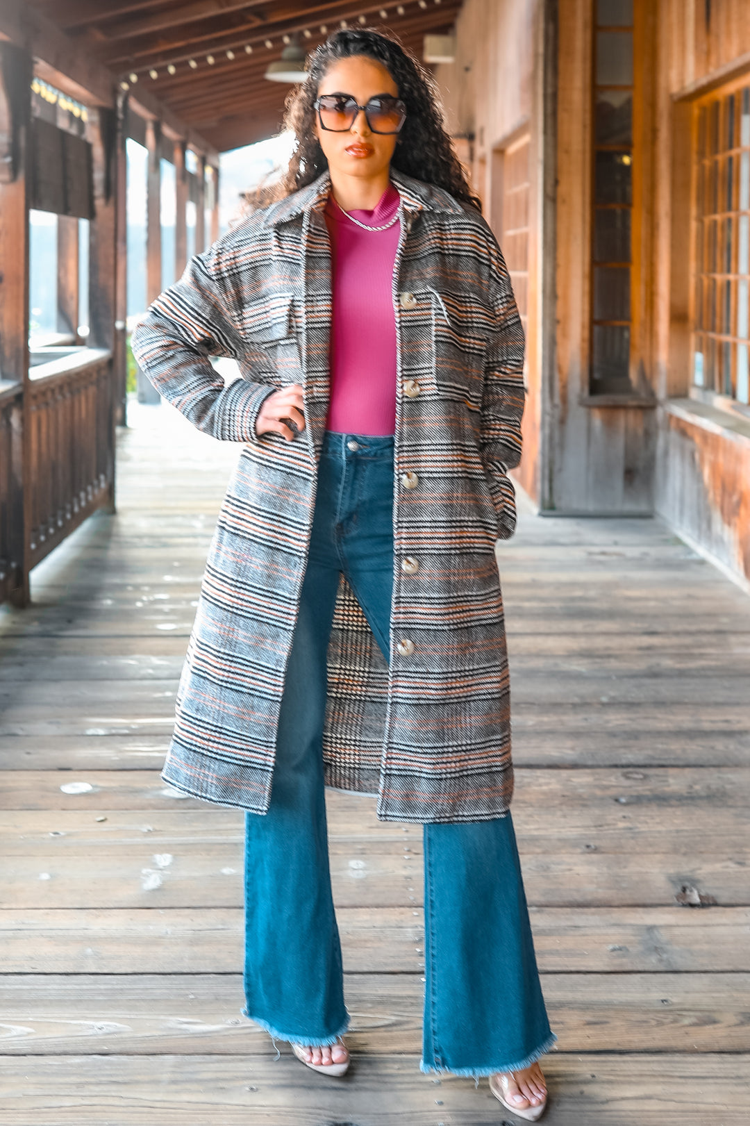 Grey Plaid Long Shacket – Oversized Button Down Coat for Women