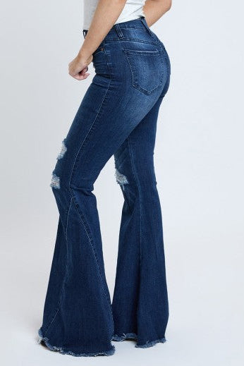 High-Waisted Distressed Flare Jeans – Dark Wash