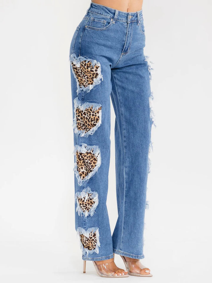 Cheetah Heart Patch Ripped Jeans | Leopard Print Distressed Denim
