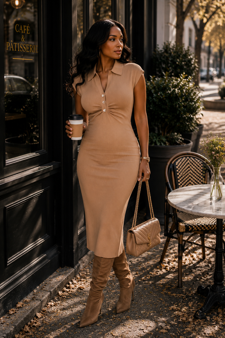Ruched Collared Midi Dress – Black & Mocha