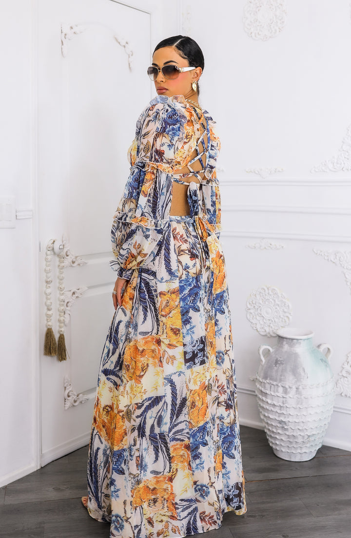 Boho Cream Floral Cutout Lace-Up Maxi Dress | Floral Maxi Dress 2026