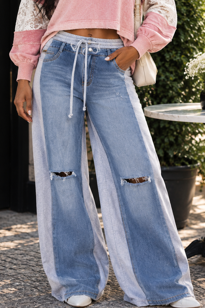 Colorblock Denim & Sweatpant Hybrid Wide-Leg Pants – Blue/Gray
