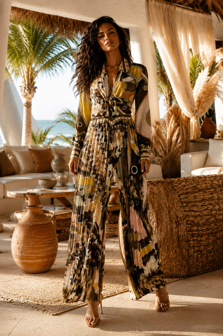 Olive Abstract Print Pleated Wide Leg Jumpsuit
