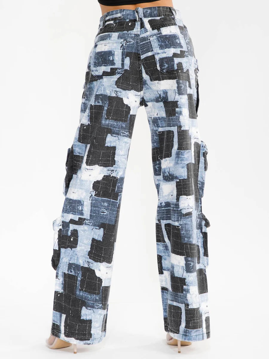 Denim Patchwork Cargo Jeans | Abstract Print Multi-Pocket Wide Leg Jeans