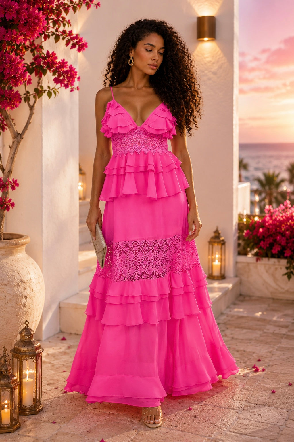 Malibu Sunset Pink Lace Ruffle Maxi Dress