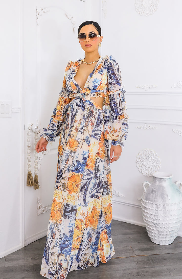 Boho Cream Floral Cutout Lace-Up Maxi Dress | Floral Maxi Dress 2026