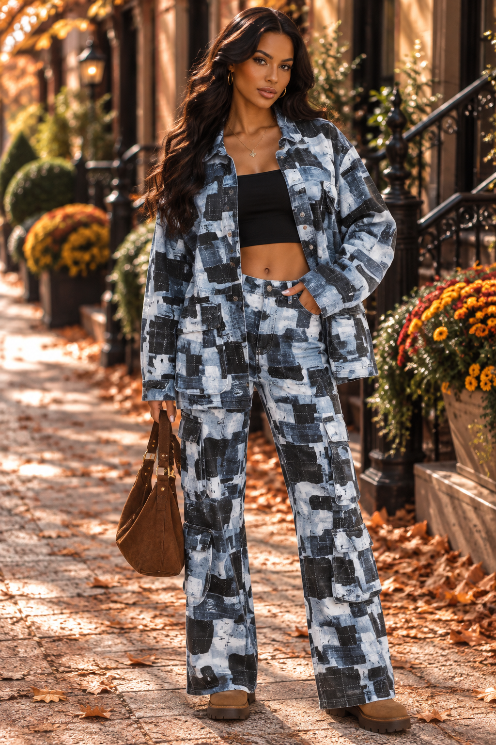 Denim Patchwork Cargo Jacket | Abstract Print Oversized Shacket