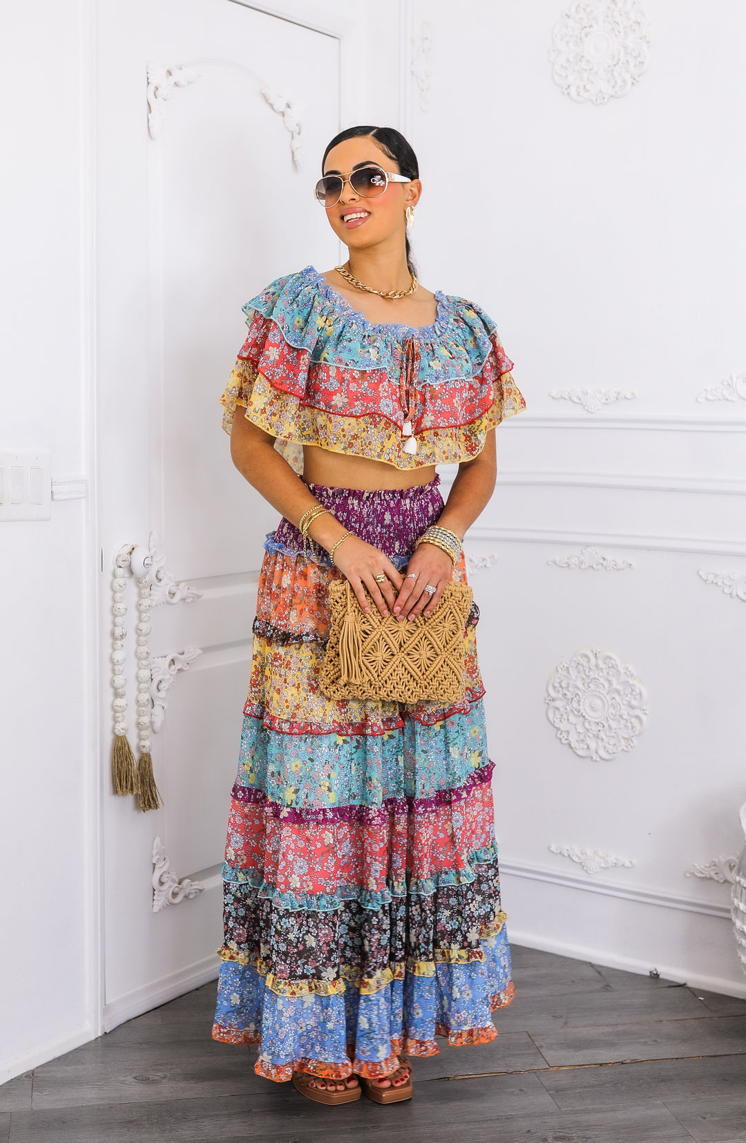 Boho Floral Ruffle Crop Top & Maxi Skirt Set