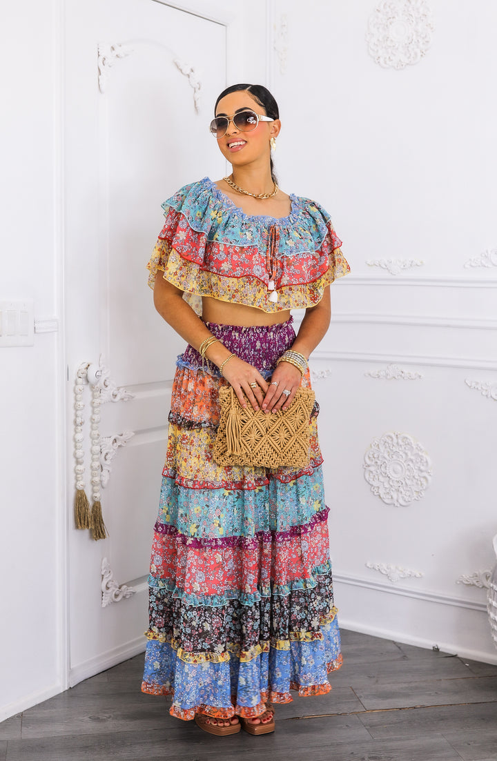 Boho Floral Ruffle Crop Top & Maxi Skirt Set