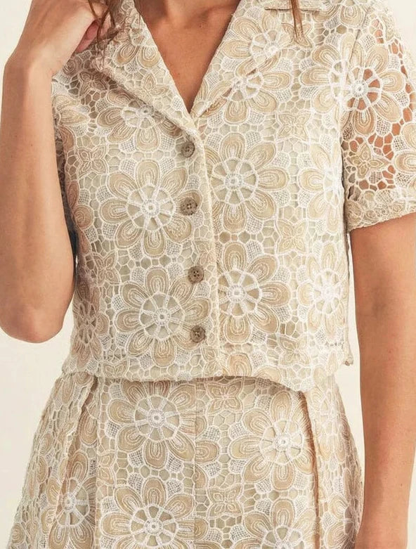 Maribel Floral Lace Button-Up Top & Shorts Set