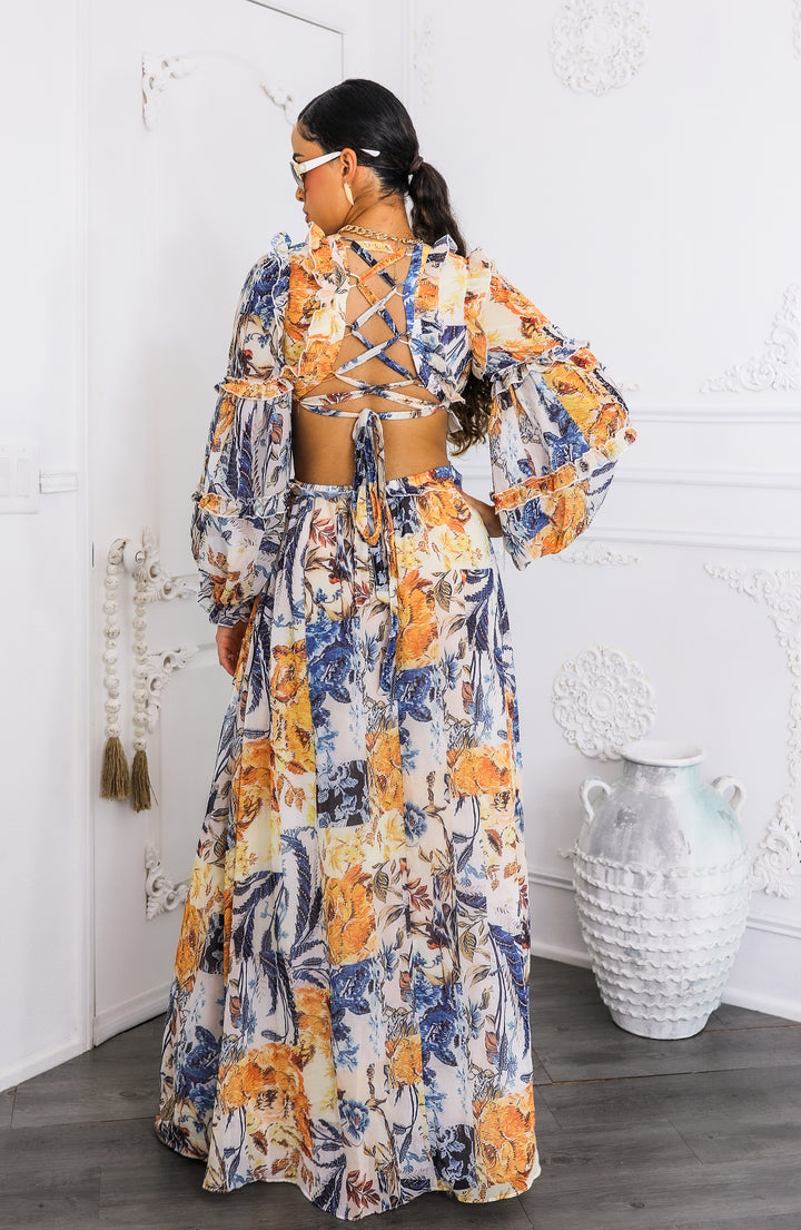 Boho Cream Floral Cutout Lace-Up Maxi Dress | Floral Maxi Dress 2026