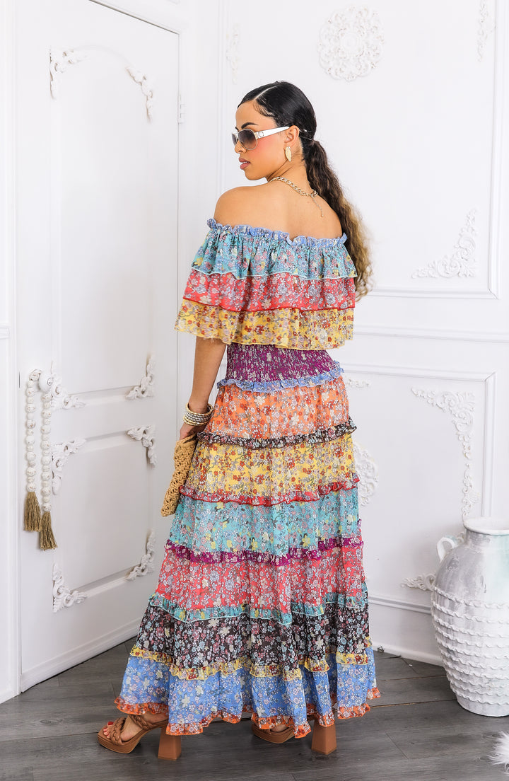 Boho Floral Ruffle Crop Top & Maxi Skirt Set