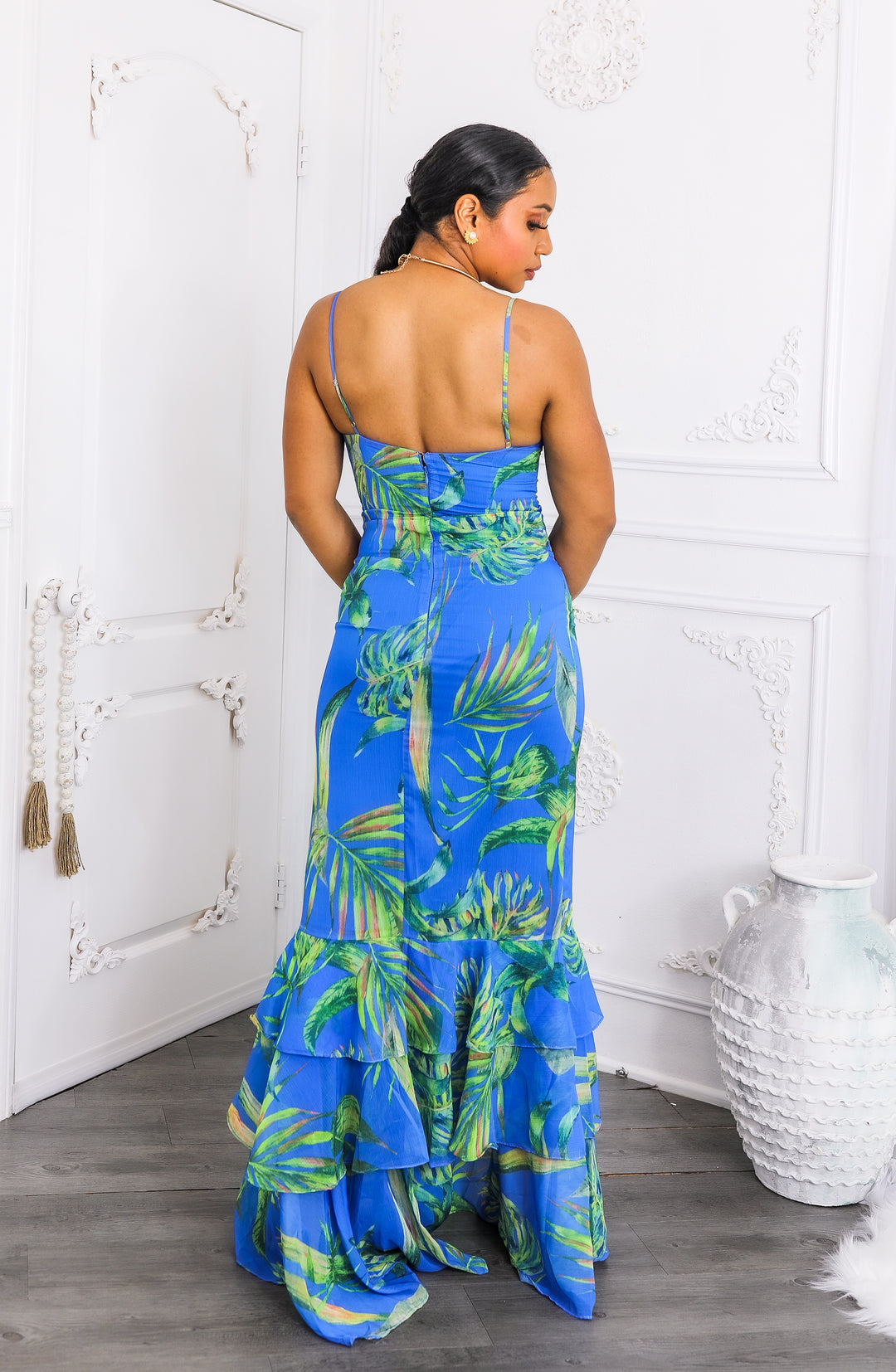 Bold Blue Leaf Print Maxi Dress with Ruffle Hem