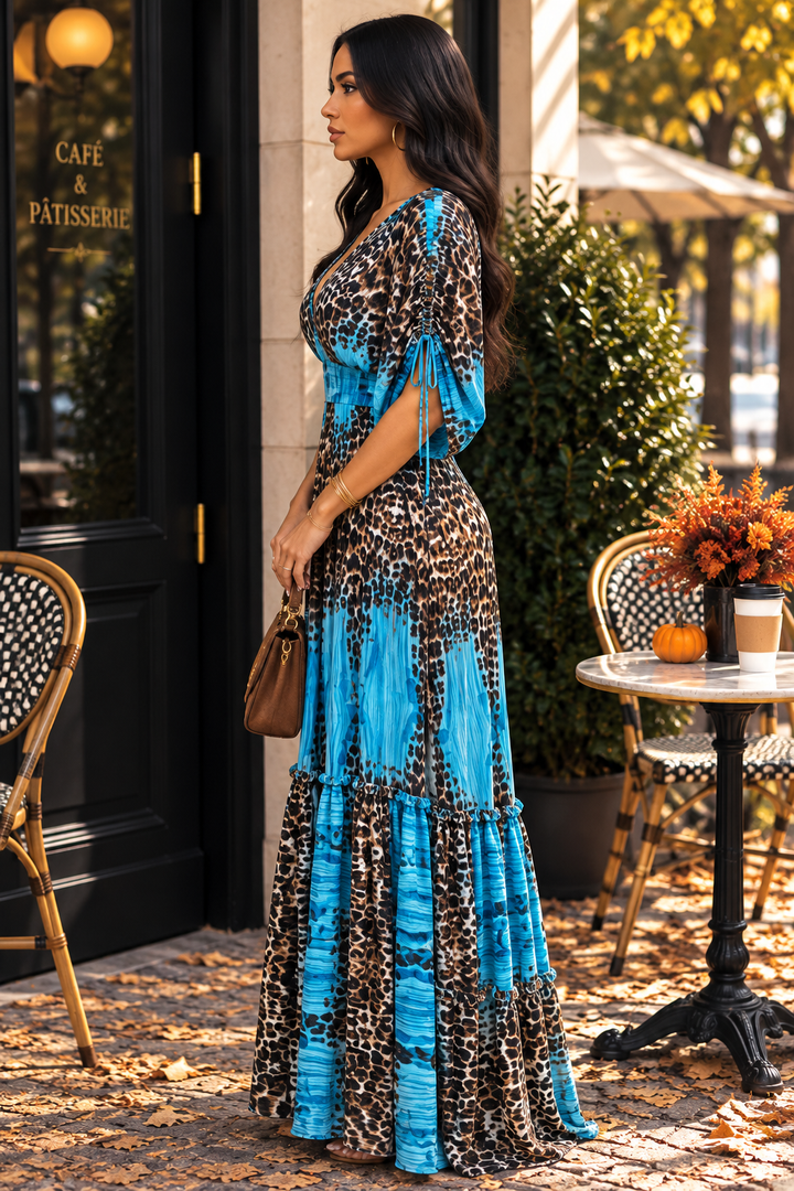 Rust Animal Print Dolman Sleeve Maxi Dress | Convertible Long-to-Sleeveless Tiered Dress