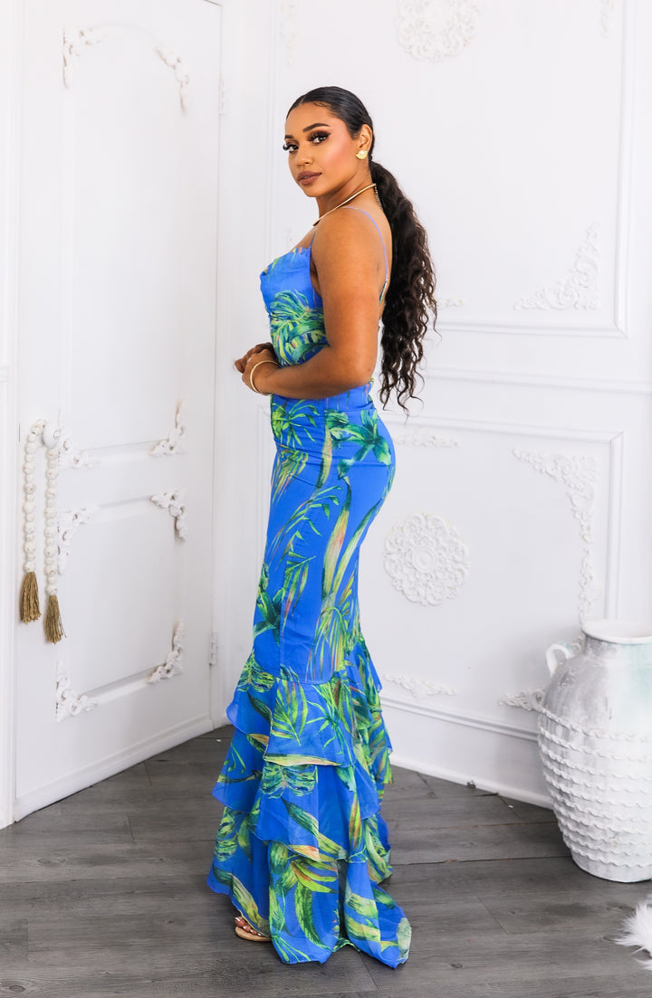 Bold Blue Leaf Print Maxi Dress with Ruffle Hem