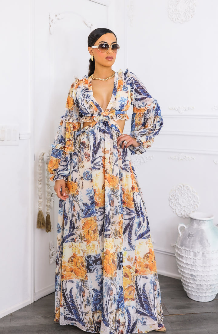 Boho Cream Floral Cutout Lace-Up Maxi Dress | Floral Maxi Dress 2026