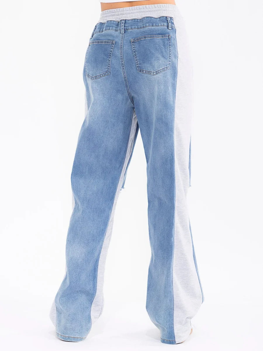 Colorblock Denim & Sweatpant Hybrid Wide-Leg Pants – Blue/Gray