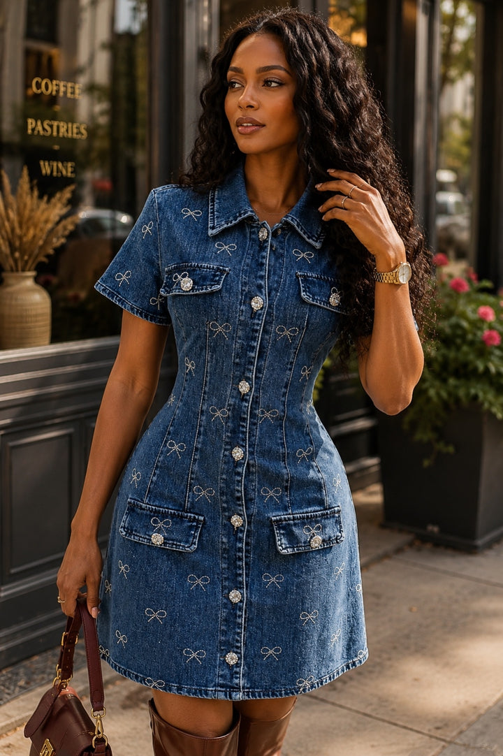 Bow-Embroidered Denim Shirt Dress | Fitted Waist Button-Front Mini Dress